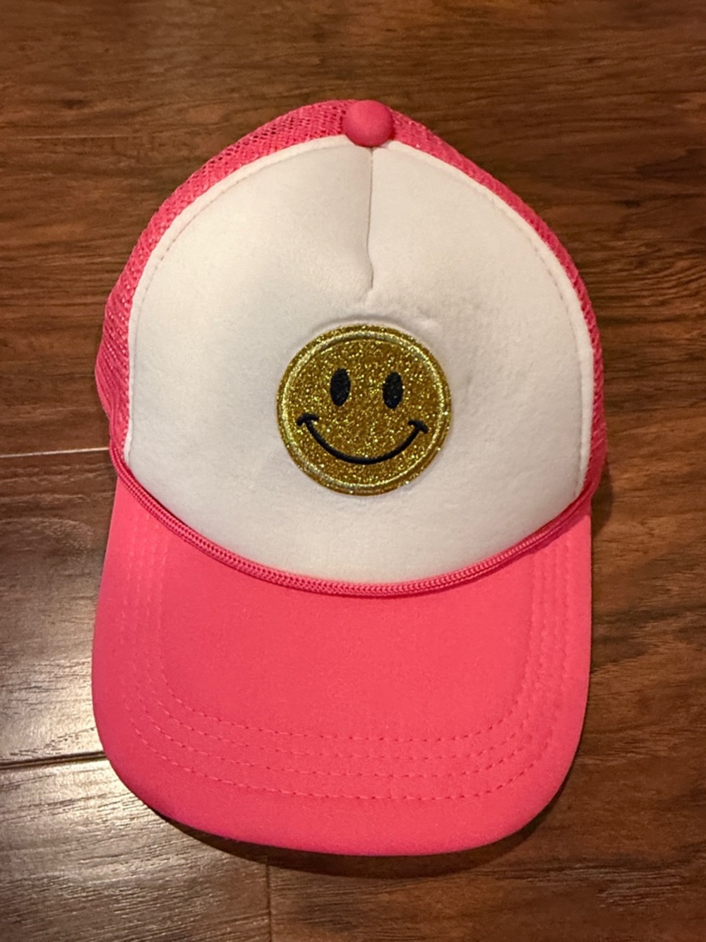 Pink and White Trucker Hat with Gold Glitter Smiley Patch